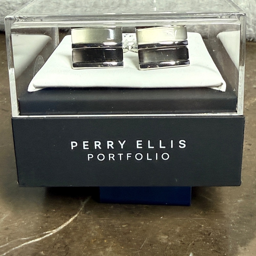 Perry Ellis Cufflinks Mens OS Silver Grey GPC0010M Portfolio Striped Rectangular